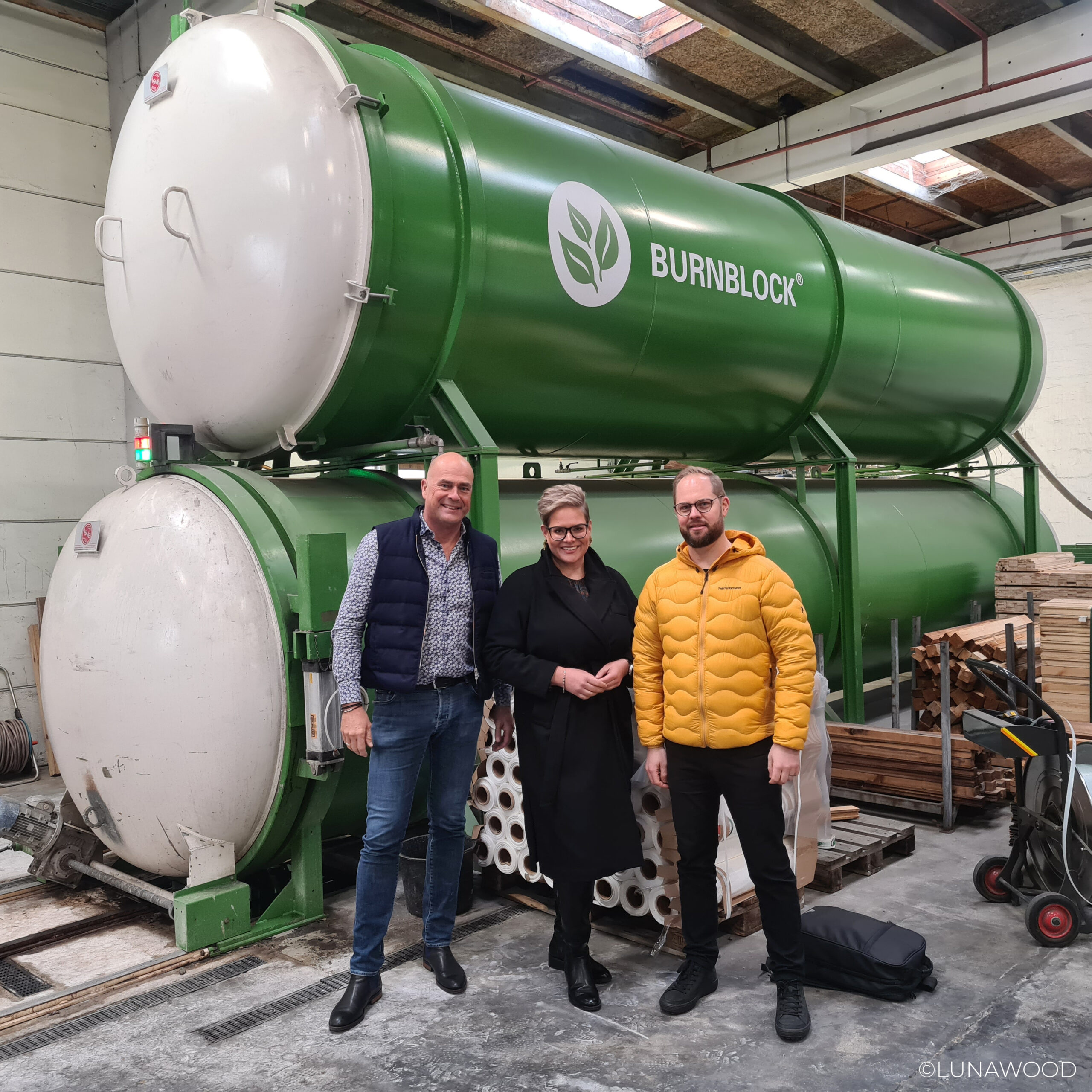 In the photo from the left: CEO of Danish Anti-Fire ApS Morten Bergsten, VP Customer Experience Maija Masalin and Product Management Director Jussi Vartiainen from Lunawood